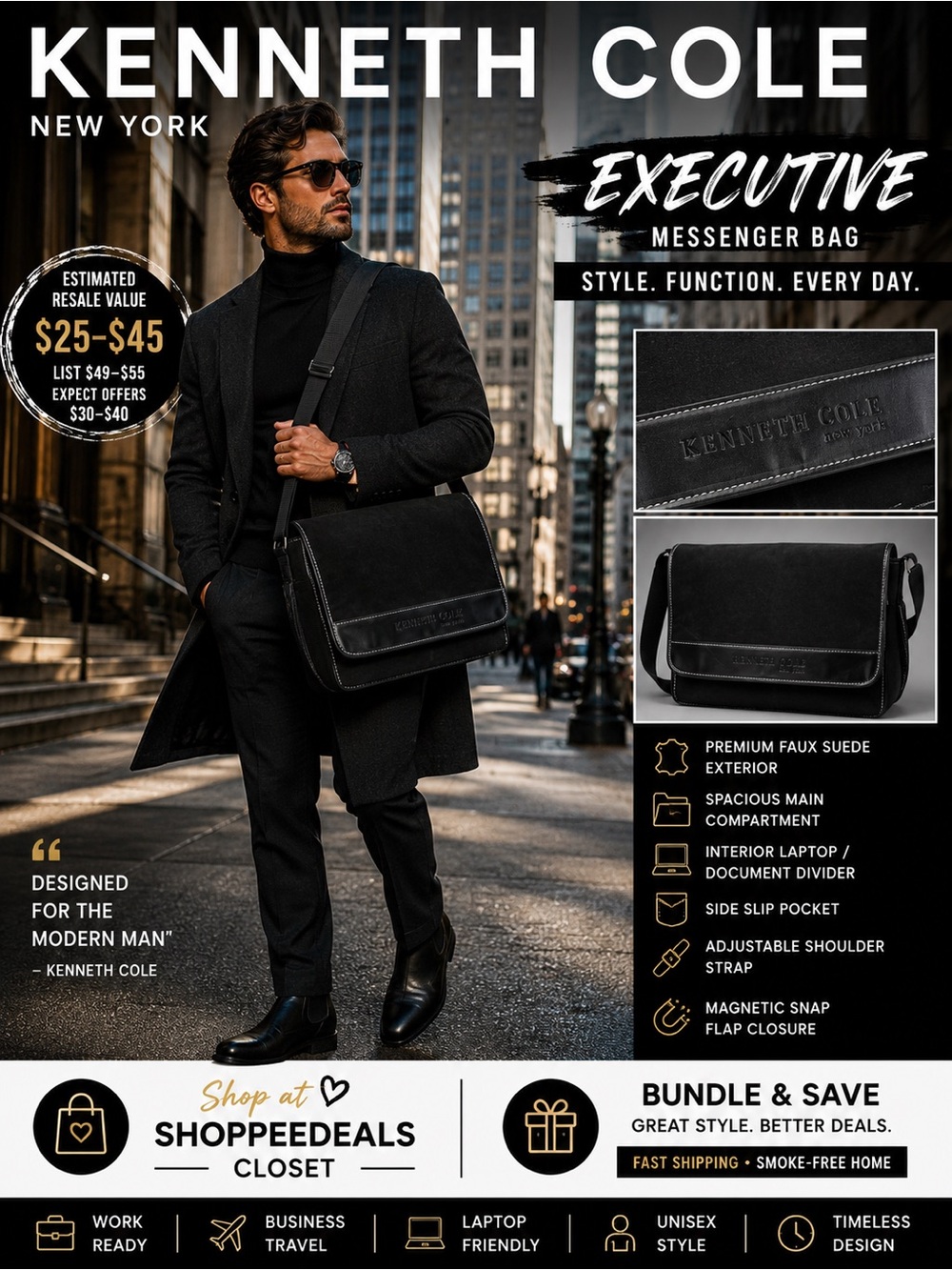 Kenneth Cole New York Black Faux Suede Messenger Laptop Bag